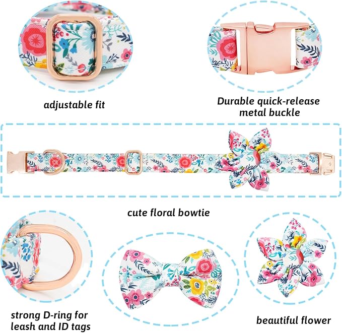 Dog Collar and Leash Set Girls Adjustable Puppy Collars with Floral Bow Tie for Small Medium Large Female Dogs, Teal Flower, XS