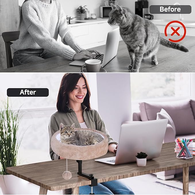 Chumajor Cat Desk Bed - 360° Rotating & Adjustable, Supports 44 lbs, Soft Faux Fur with Dual-Sided Reversible Mat, Modern Indoor Cat Nest Furniture for Office Desks and Game Tables, Island Table