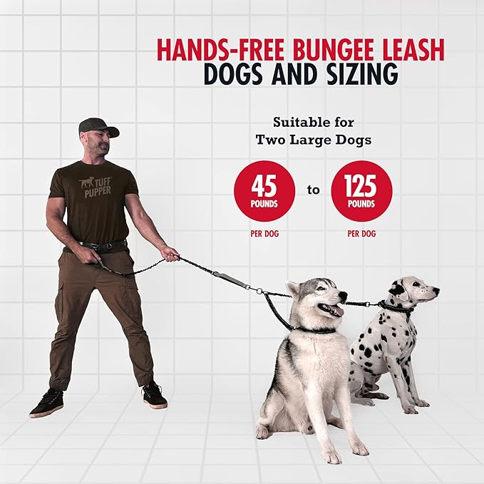 Tuff Pupper Heavy Duty Hands Free Bungee Dog Leash | Two Large Dogs Up to 250 lbs | Comfortable Shock Absorbing Bungee | Reflective Dual Padded Handles | Lumbar Waist Belt 26-38" | 360° Swivel Clips