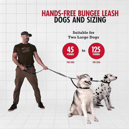 Tuff Pupper Heavy Duty Hands Free Bungee Dog Leash | Two Large Dogs Up to 250 lbs | Comfortable Shock Absorbing Bungee | Reflective Dual Padded Handles | Lumbar Waist Belt 26-38" | 360° Swivel Clips