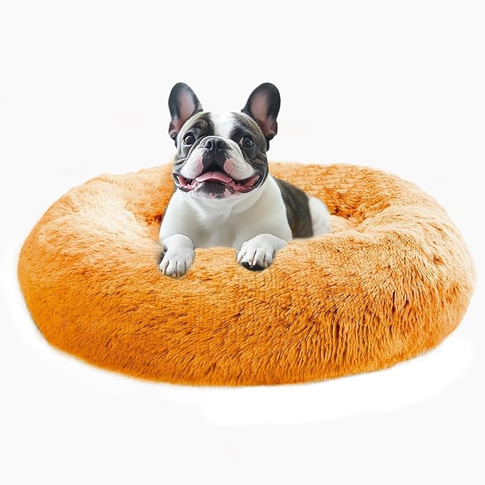 JOLLYVOGUE Calming Dog Bed Medium Size Dog, Anti-Anxiety Donut Medium Pet Bed, 31 inches Fluffy Faux Fur Round Cat Bed, Fits up to 45 lbs Pets (Orange)