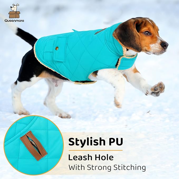 Queenmore Warm Dog Coat, Cold Weather Puffer Dog Coat Vest, Quilting Winter Pet Jacket Ultra Thick Plush Fleece Lining Pet Clothes for Dogs with Storage Pockets (Light Blue, Medium)