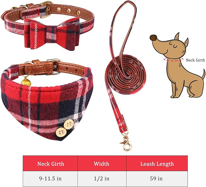 3 PCS Puppy Collar and Leash Set Dog Collars for Small Dogs Dog Bow Tie with Bell Puppy Bandana Leather Dog Collar for Small Dogs Puppies and Cats(Red)