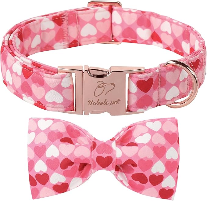 Valentines Dog Collar with Bow Tie - Love Heart Pattern Pink Bowtie Dog Collar Adjustable Heavy Duty Valentines Dog Collars for Small Medium Large Dogs L