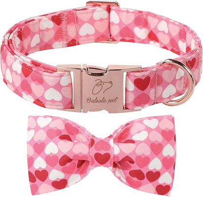 Valentines Dog Collar with Bow Tie - Love Heart Pattern Pink Bowtie Dog Collar Adjustable Heavy Duty Valentines Dog Collars for Small Medium Large Dogs XS