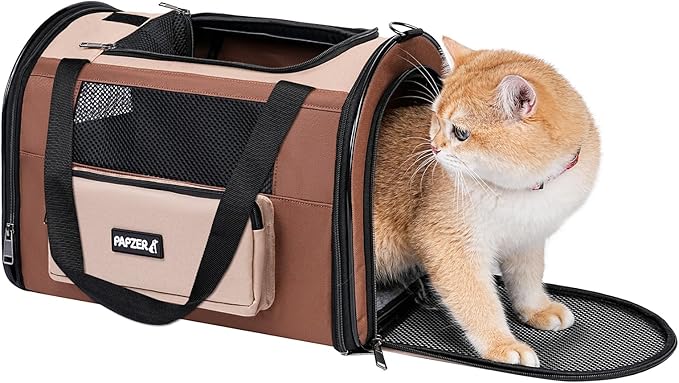 PAPZER Collapsible Small Pet Carrier for Cat 15 lbs with Fashion Pocket, Lightweight Sturdy Travel Carry Bag Little Puppy Dog, Breathable Stylish Kitten Soft Cage Kennel, 17.7x11.0x11.8 Inch Khaki