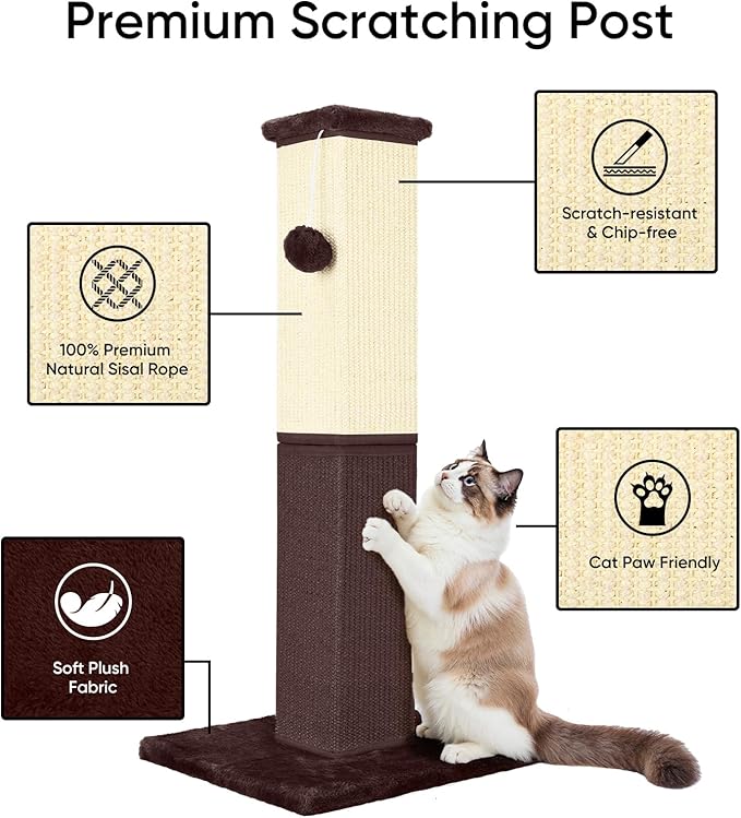 YULOYI Cat Scratching Post, 32 Inch Cat Scratching Post for Large Cats, Cat Scratcher with Nature Sisal, Cat Scratch Post for Indoor Large Cats and Kitten, Brown