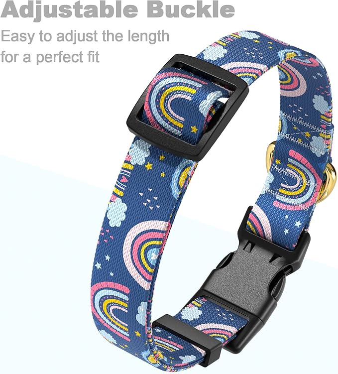 Rnivvi Dog Collar for Medium Dogs, Cute Heavy Duty Adjustable Puppy Collar with Quick Release Buckle for Girl & Female, Pet Accessories for Walking Running, M Length 1" Width, Blue Rainbow