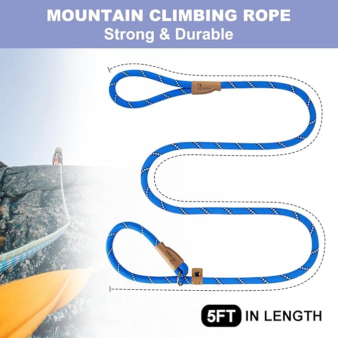 5 FT Slip Lead Dog Leash, Heavy Duty Rope Leash for Small Medium Large Dogs, No Pull Training Lead with Reflective Thread, Strong Comfortable Loop Leash (Blue Stripe, Medium(3/8"))