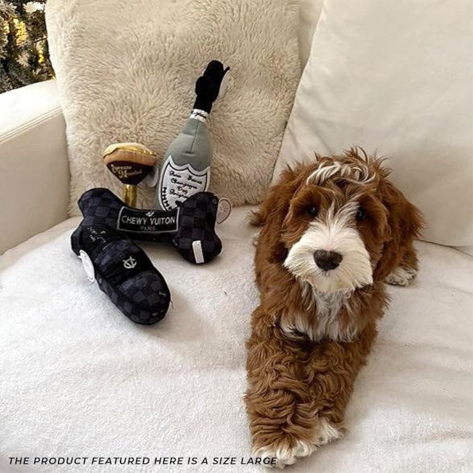 Haute Diggity Dog Black Checker Chewy Vuiton Bone, Plush Designer Dog Toys with Interactive Squeaker, Stimulating Pet Enrichment, Machine-Washable & Safe Materials for All Breeds, Size Large