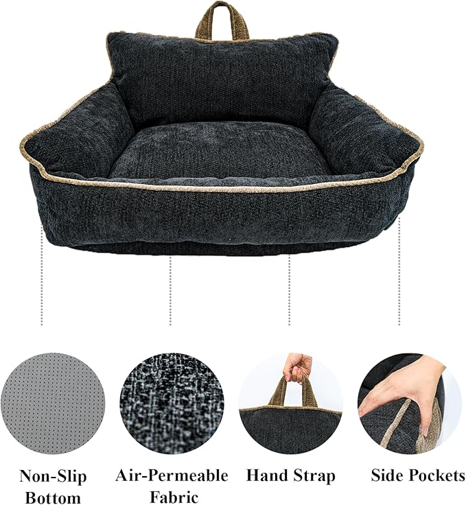 RAFASAFA Large Orthopedic Dog Sofa Bed with Sides, Carry Handle & Side Pockets .Plush Chenille Orthopedic Pet Bed Couch for Large Dogs.Portable Snuggler for Indoor Use, Travel & Recovery (Black)