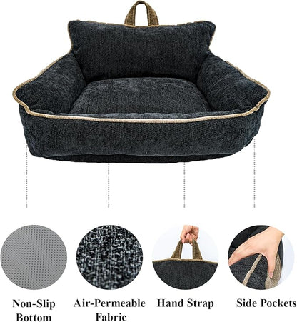 RAFASAFA Large Orthopedic Dog Sofa Bed with Sides, Carry Handle & Side Pockets .Plush Chenille Orthopedic Pet Bed Couch for Large Dogs.Portable Snuggler for Indoor Use, Travel & Recovery (Black)