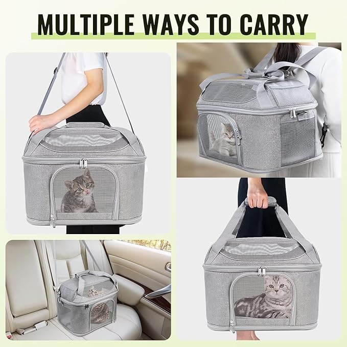 Top-Expandable Pet Carrier 17x11.8x13 Inches Underseat Up to 20lbs, Soft-Sided Carrier Travel Carriers with Padded Shoulder Strap for Small Cats and Dogs, Collapsible Waterproof Travel, Grey