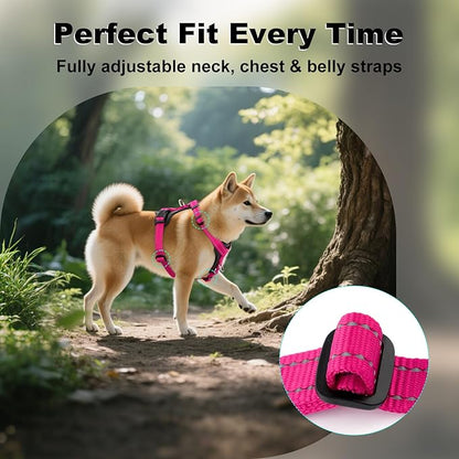 Plutus Pet Adjustable No Pull Dog Harness with Leather Accents, Heavy Duty Reflective Nylon Vest for Training, Hiking, Easy Walk Harness for Small, Medium, Large Dogs (Hot Pink, M)