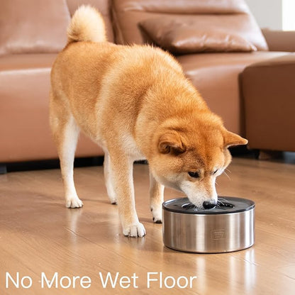 Feedoo 1Gallon No Spill Water Bowl for Dogs, Double-Wall Stainless Steel with Splash-Proof Paws Lid and Floating Disk, Non-Slip Base, Easy to Clean Slow Water Feeder for Large Medium Dogs