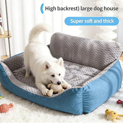 Dog Beds for Medium Dogs with Soft Plush Cushion, Blue and Gray Machine Washable Pet Bed,Non-Slip Year-Round Faux Fur Linen Pet Sofa(Up to 33 lbs)