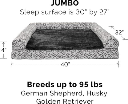 Furhaven Orthopedic Dog Bed for Large Dogs w/ Removable Bolsters & Washable Cover, For Dogs Up to 95 lbs - Plush & Southwest Kilim Woven Decor Sofa - Boulder Gray, Jumbo/XL