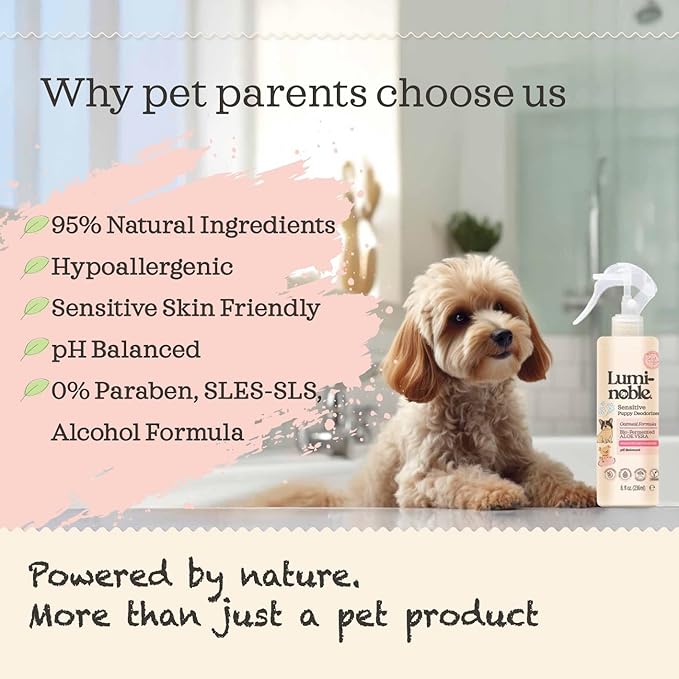 Sensitive Dog Deodorizing Spray Perfume, Oatmeal Formula Pet Cologne,Hypoallergenic Detangler Spray, Alcohol Free, Pet Odor Neutralizer for Puppies, White Musk Scent to Refresh The Skin and Coat, 8oz