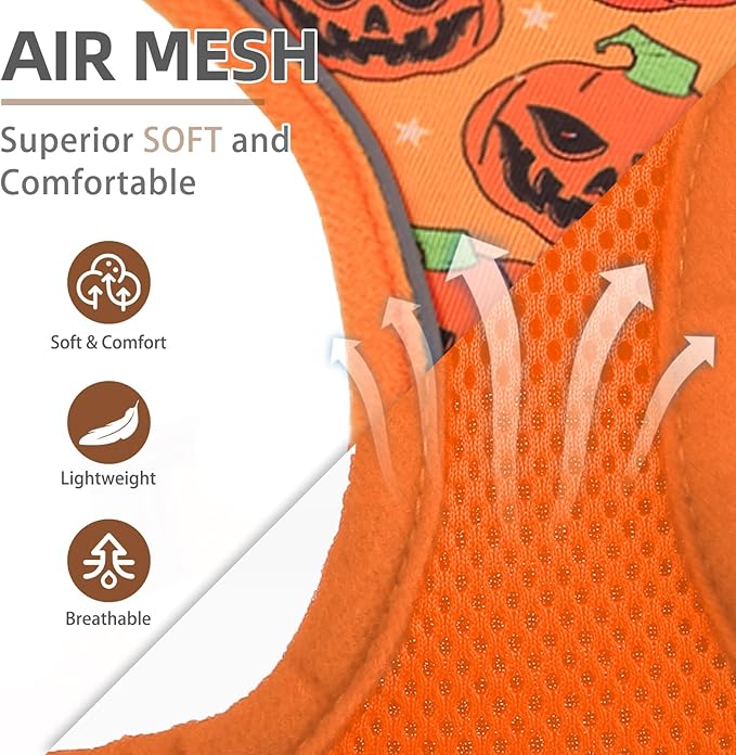 PUPTECK Halloween Small Dog Harness and Leash Set, No Pull Adjustable Puppy Cat Harness, Reflective Soft Mesh Pet Vest Small Sized, Pumpkin, S