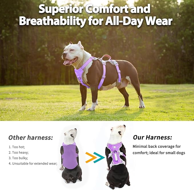 Huntboo Escape Proof Dog Harness, Escape Artist Harness, Reflective Harness with Padded Handle, Breathable, Adjustable Vest for Medium Dogs Walking, Training, and Running Gear (Lavender Purpled, M)