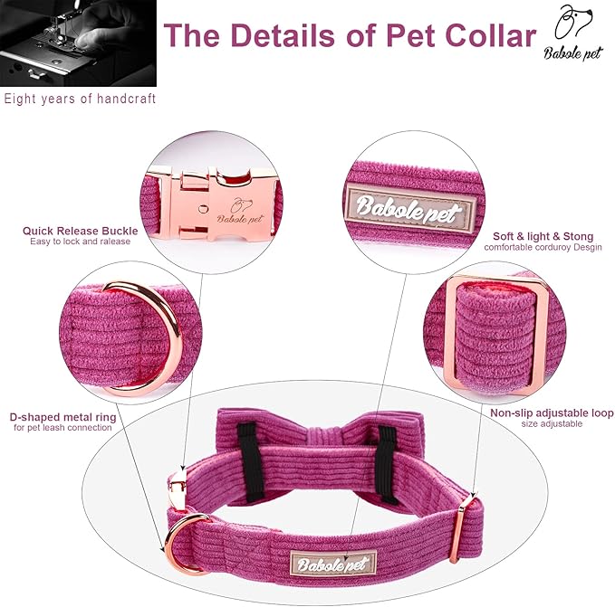 Purple Dog Collars for Large Dog,Cute Corduroy Dog Collar with Bow Tie Safety Metal Buckle Adjustable Puppy Collars for Small Medium Large Boy&Girl Dogs,XL-Neck 16"-26"