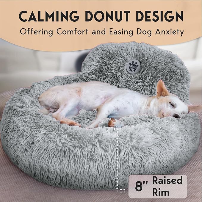 PetJett Calming Dog Bed Medium Size Dog - 30'' Donut Bed, Anti-Slip & Washable Super Soft Fluffy Plush Round Bed, Anti-Anxiety Premium Comfort Pet Bed, Fits Dogs up to 45 lbs - Bright Grey