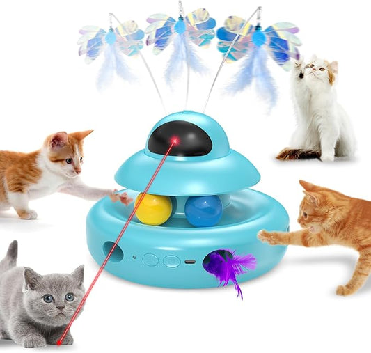 MOHAYA Cat Toys,4-in-1 Automatic Kitten Toy for Bored Indoor Adult Cats,lectric Flying Butterfly,Whack a Mole,Feather Track Balls,Blue