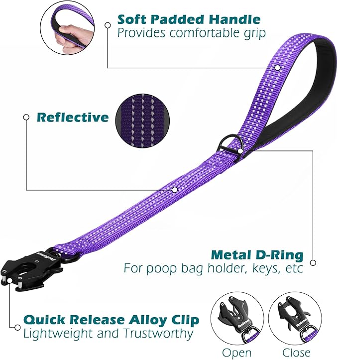 PetBonus Heavy Duty Short Dog Leash, 24 Inch Nylon Traffic Leash with Quick Release Clip, Comfortable Padded Handle, Reflective Training Lead for Medium Large Dogs (Purple, 24")