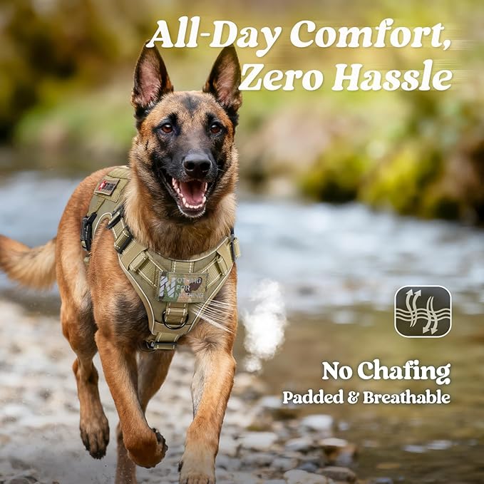 rabbitgoo Tactical Dog Harness for Large Dogs, No Pull Upgraded Reflective Heavy Duty Molle Vest with Handle, Adjustable Military Service Dog Vest for Walking Hiking Training, Brown, XL