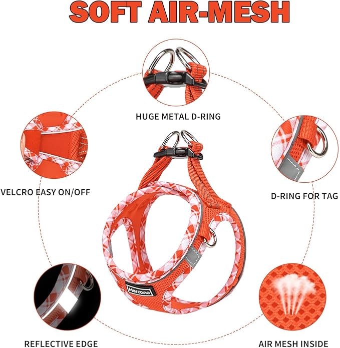Mercano Soft Mesh Dog Harness and Leash Set, No-Chock Step-in Reflective Breathable Lightweight Easy Walk Vest Harnesses with Safety Buckle for Small Dogs, Cats (Tangerine, XL)
