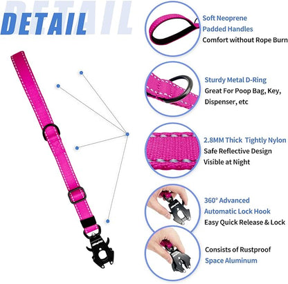 Strong Heavy Duty Dog Leash - Adjustable 15"-18" Reflective Nylon Training Leash with Padded Handle & Frog Clip, Traffic Control for Large Medium Dogs No Pull Walking Hot Pink