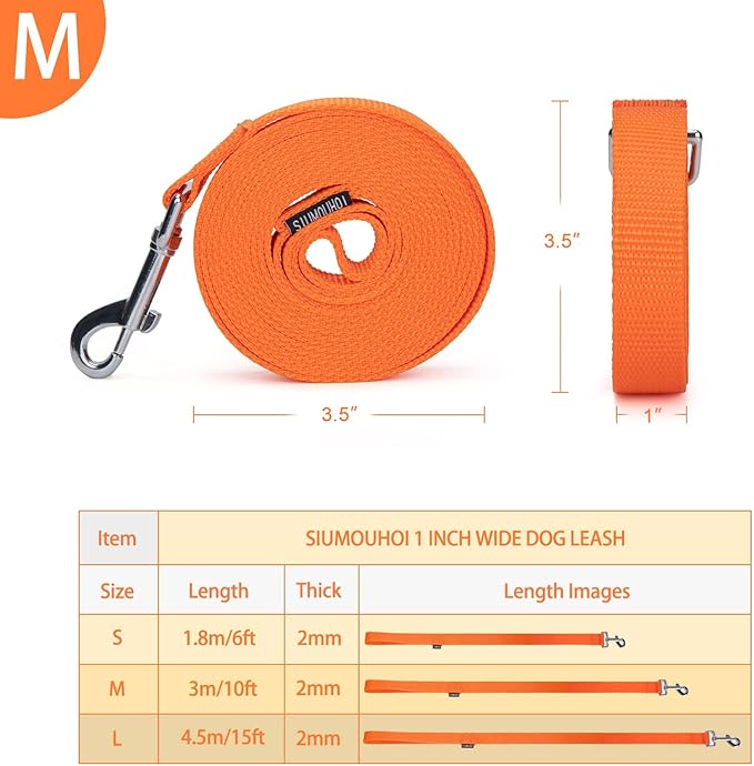 Siumouhoi Strong Durable Nylon Dog Training Leash, 1 Inch Wide Traction Rope, 6 ft 10ft 15ft Long, for Small and Medium Dog (Orange, 10 Feet)