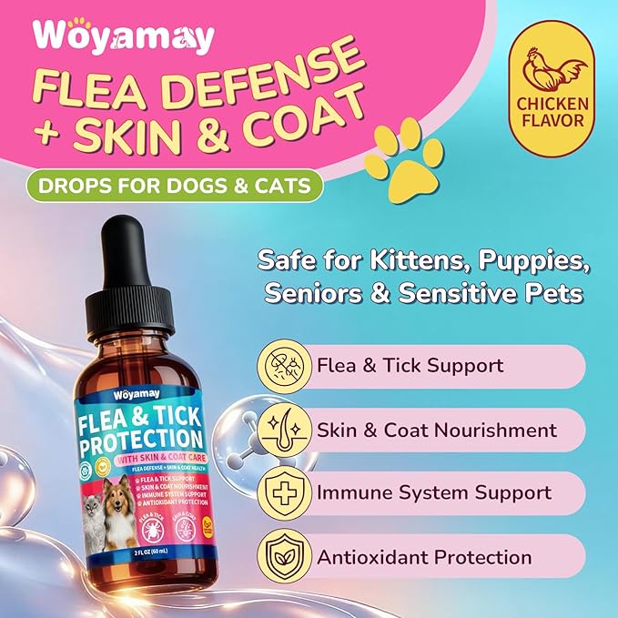 Woyamay Flea Defense + Skin & Coat Support, Natural Flea and Tick Prevention for Dogs & Cats, Dog & Cat Flea Treatment with Pumpkin Seed & Omega-3/6/9, Flea Drops for All Breeds & Ages, Chicken Flavor