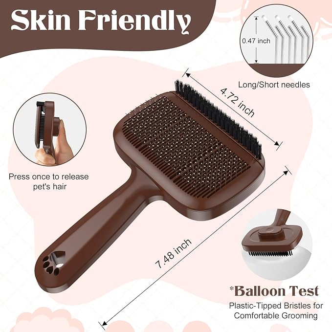 Self Cleaning Dog Brush for Shedding - Bristle Brush and Long/Short Needles Design, Skin Friendly, Slicker Deshedding Dog Brush, Hair Removal for Long & Short Haired Pets (Brown)