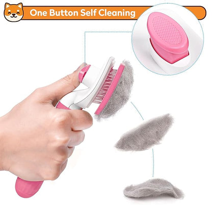 PWOD Dog & Cat Brush, Self Cleaning Slicker Brush for Pets, Upgraded Dog Brush for Shedding Massaging and Grooming, Removes Loose Undercoat & Portable Comb for Long Short Haired Dogs(Pink)