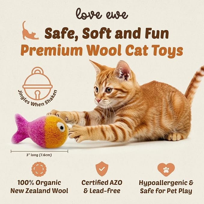 Hustle & Blush Love Ewe Felted Cat Toys 3 Pack - 3 Inch Fish w/Bell & 2 Inch Ball Hand Made Cute & Fun Design Kitten Wool Felt Balls for Indoor Play & Exercise -100% New Zealand Handmade Felted Balls