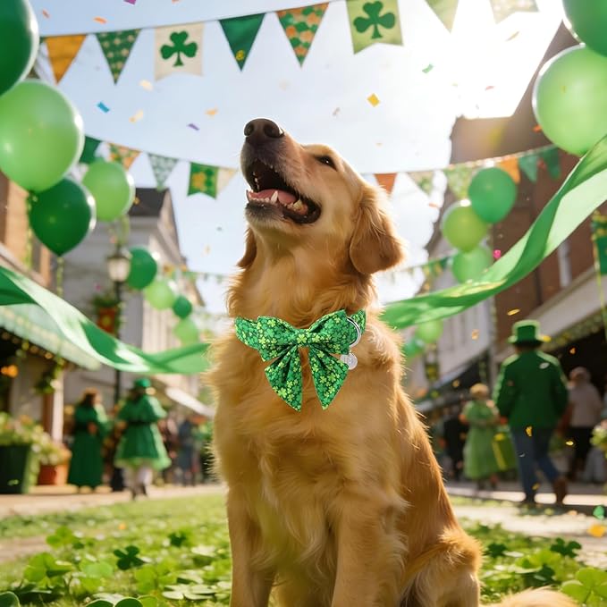 St. Patrick's Day Dog Collar with Bow Tie, Cotton St. Patrick's Day Bowtie Collar for Girl Boy Dosg, Lucky Shamrock Pet Collars with Metal Buckle, Spring, L, Neck 16-24in