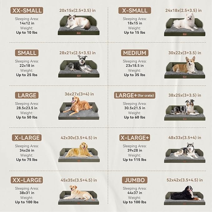 Large Dog Bed Orthopedic Washable - XXL Large Big Dogs - Waterproof with Removable Cover - Memory Foam - Beds Bolster Pet - Dogs Couch Sofa Bed - Dark Green Dog Beds