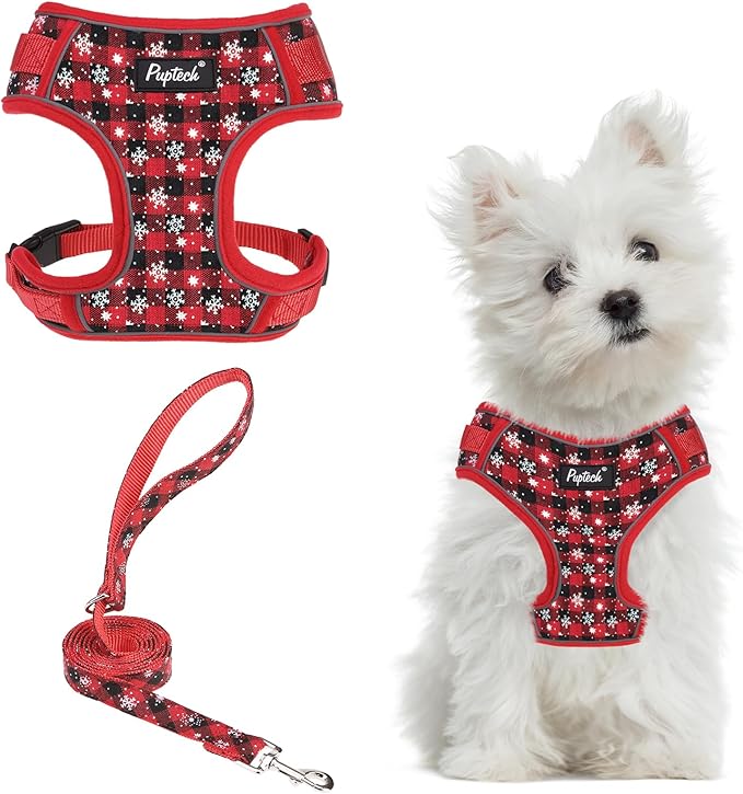 PUPTECK Christmas Small Dog Harness and Leash Set, No Pull Adjustable Puppy Cat Harness, Reflective Soft Mesh Pet Vest Small Sized, Checkered, S