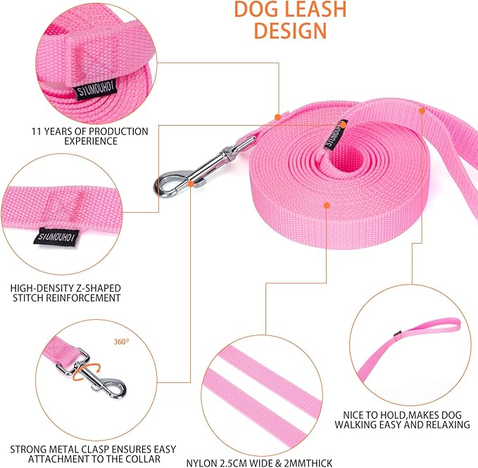 Siumouhoi Strong Durable 15ft Nylon Dog Training Leash, 1 Inch Wide Traction Rope, for Small and Medium Dog (Pink, 15 Feet)