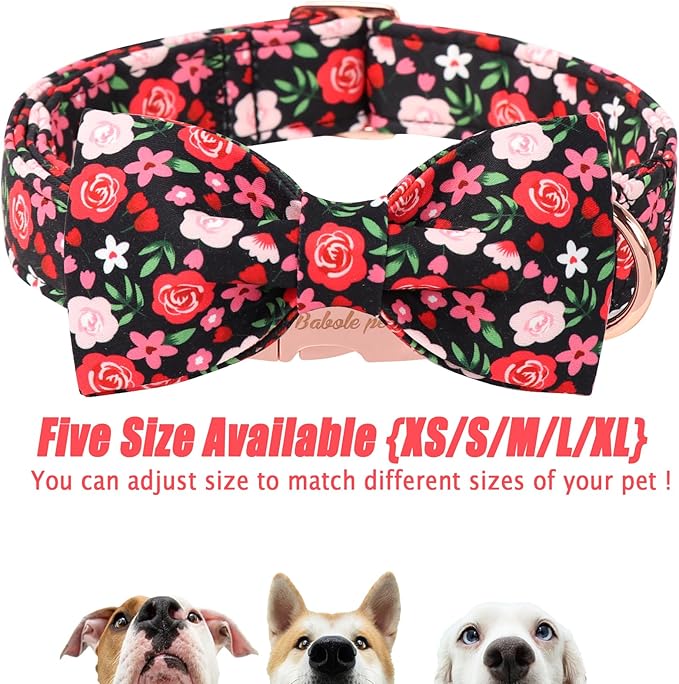 Floral Dog Collar with Bow Tie - Rose Red Wild Flowers Pattern Bowtie Puppy Collar, Adjustable Winter Heavy Duty Dog Collars for Small Medium Large Dogs XL