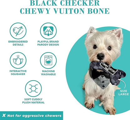 Haute Diggity Dog Black Checker Chewy Vuiton Bone, Plush Designer Dog Toys with Interactive Squeaker, Stimulating Pet Enrichment, Machine-Washable & Safe Materials for All Breeds, Size Large