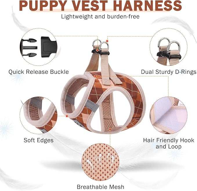 SCENEREAL Fall Thanksgiving Small Dog Harness and Leash Collar Set, Step in No Pull Plaid Puppy Harness for Small Dogs Outdoor Walking, Soft Mesh No Chock Reflective Vest Harness, Brown XS