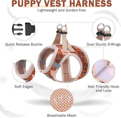 SCENEREAL Fall Thanksgiving Small Dog Harness and Leash Collar Set, Step in No Pull Plaid Puppy Harness for Small Dogs Outdoor Walking, Soft Mesh No Chock Reflective Vest Harness, Brown XS