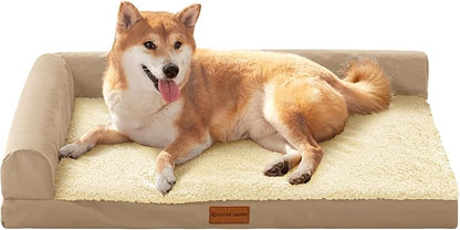 Patas Lague Orthopedic Dog Bed Large Sized Dog 36''X24'', Waterproof L Bolster Medium Pet Sofa Beds with Removable Washable Cover, Soft Comfortable Pet Couch Crate Mat with Nonskid Bottom, Cream