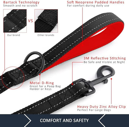Plutus Pet Double Handle Dog Leash 6ft Long, Padded 2 Handle, Heavy Duty, Reflective Training Leash for Medium Large Dogs, Dual Handle Lead (Black)