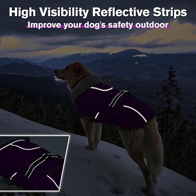 Lelepet Warm Dog Winter Coats for Large Dogs Waterproof Dog Jacket Reflective Pet Fleece Vest Windproof Cold Weather Coats with Adjustable Buckle & Leash Hole, Purple, XL