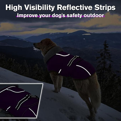 Lelepet Warm Dog Winter Coats for Large Dogs Waterproof Dog Jacket Reflective Pet Fleece Vest Windproof Cold Weather Coats with Adjustable Buckle & Leash Hole, Purple, XXL