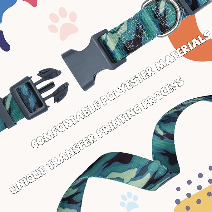 Print Patterned Dog Collar Leash Set, Adjusted Quick-Release Plastic Buckles and Heavy-Duty Steel D-Ring Nylon Collar Leash Set Strong Durable, Green Camo,M