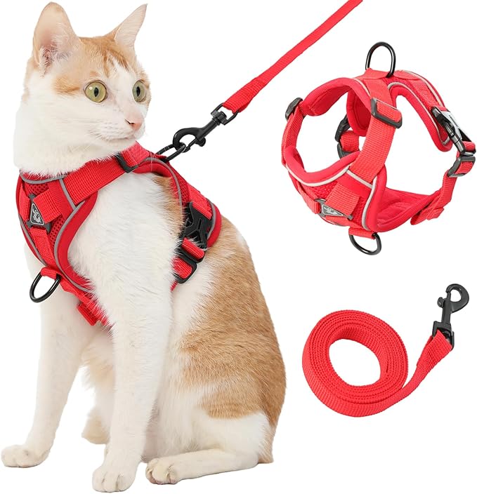 Kodervo Cat Harness and Leash, Reflective Cat Harness Escape Proof for Walking, Adjustable Kitten Harness and Leash Set, 4 Buckles Easy Control Breathable Cat Vest Harness for All Types of Cats